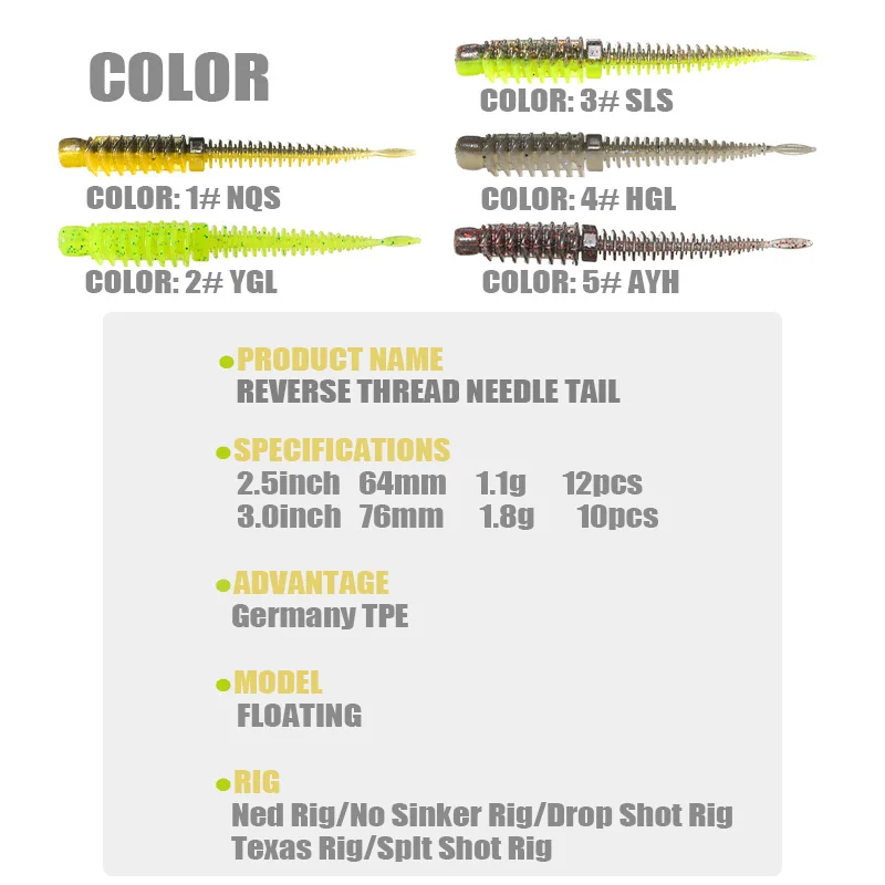 Señuelo de pesca suave flotante de TPE, cola de aguja de rosca maestra REVERSE de 2,5/3,0 pulgadas, 1,1/1,8g, para Ned/Texas/sin plataforma de plomo - imagen 2
