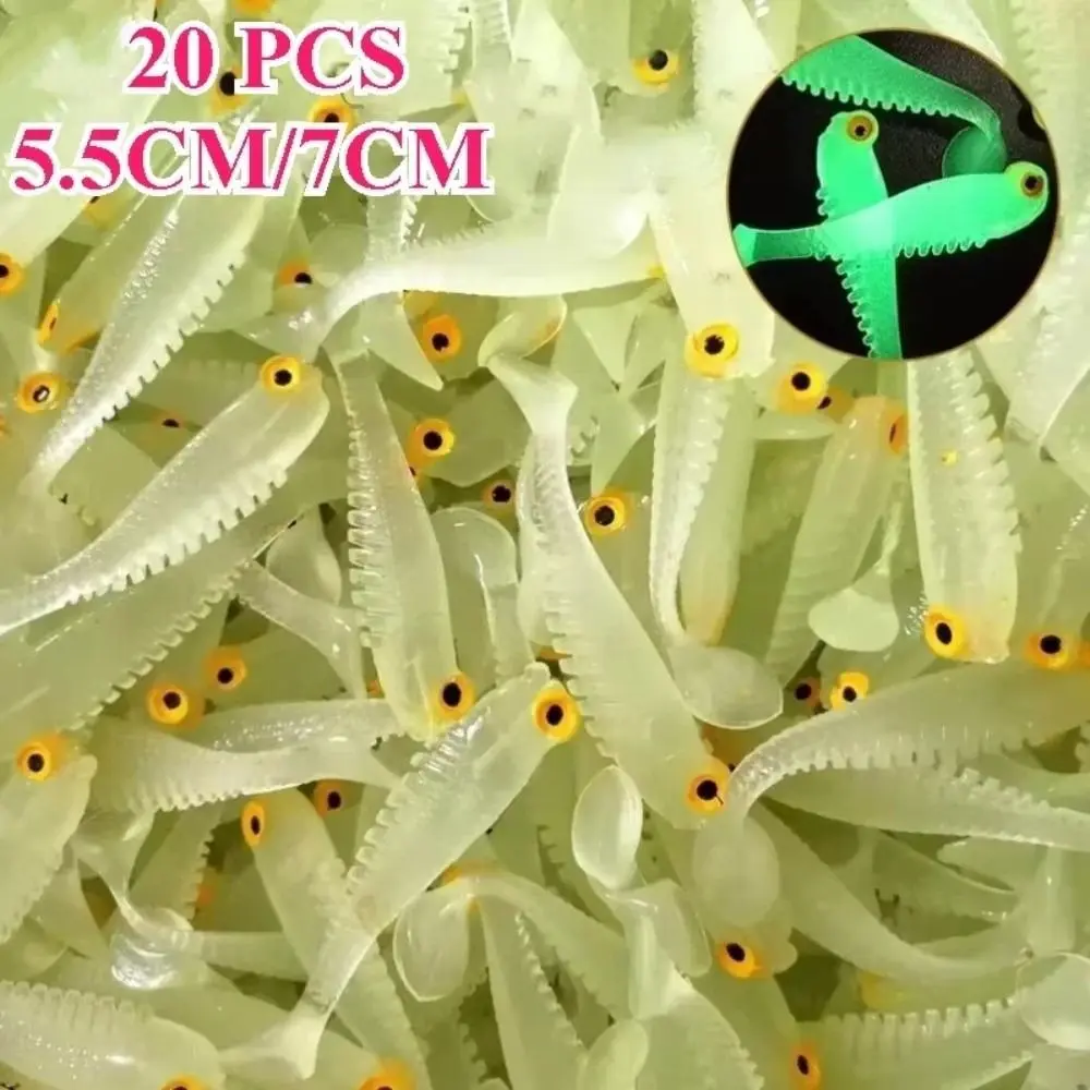 20 Uds. Señuelos de pesca blandos 5,5 cm 7cm pequeño Artificial cola en T señuelo de gusano aparejos de pesca de lubina Wobblers Swimbaits cebo Jig pesca