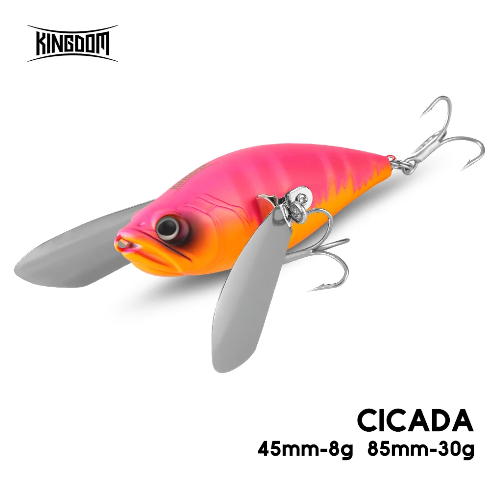 Kingdom Cicada Topwater señuelos 45mm 8g 85mm 30g insecto biónico flotante de agua salada con alas de Metal Wobblers duros para pesca de lubina