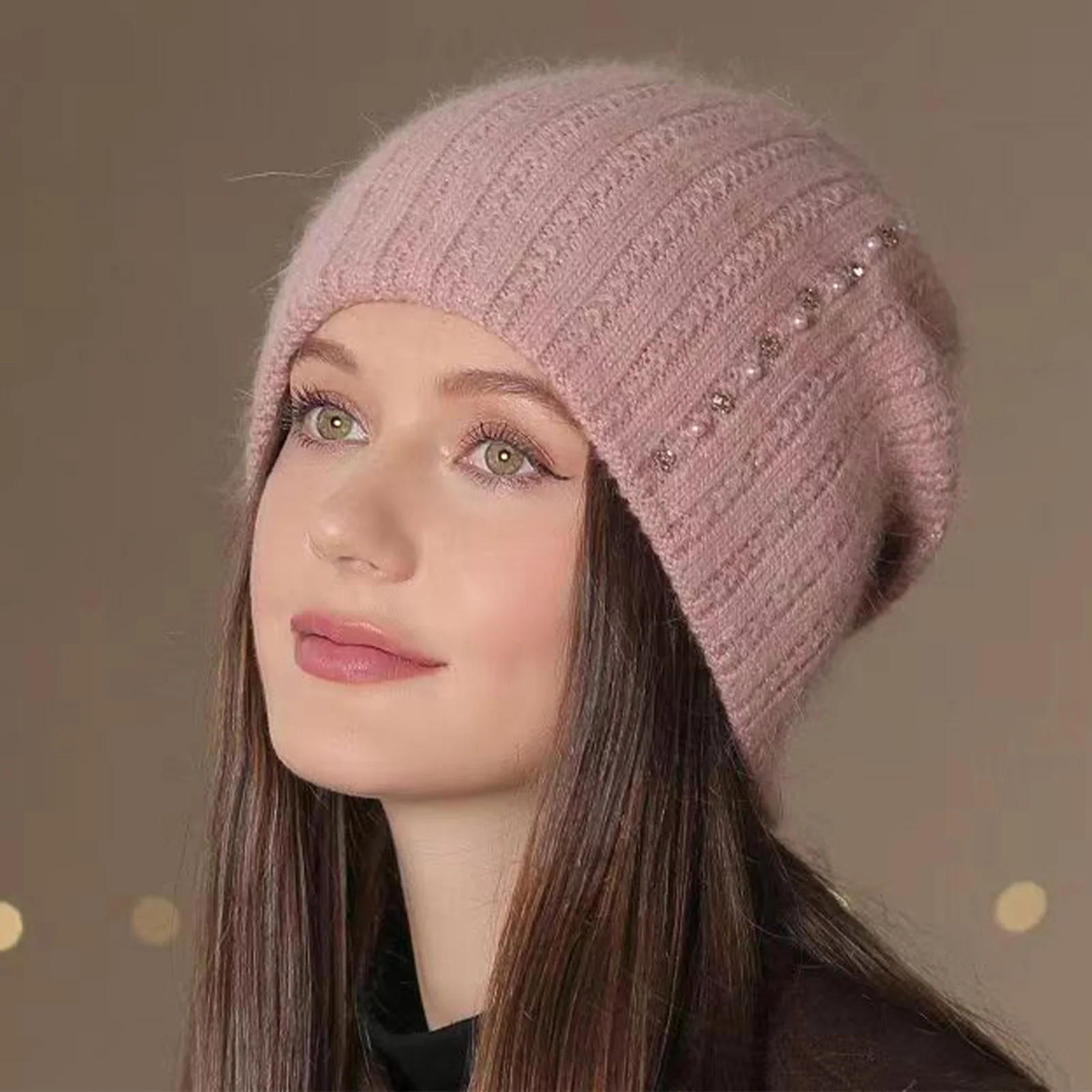 Gorro de ciclismo cálido para invierno, gorro de lana tejido con diamantes de imitación a la moda, gorro sin ala grueso a prueba de viento para exteriores para ciclismo - imagen 2