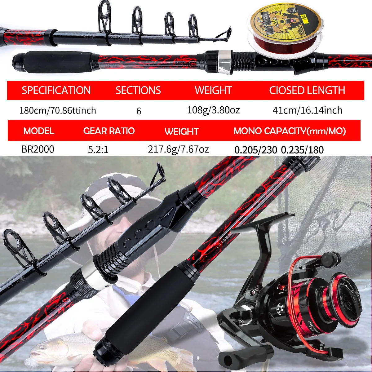 Kit de pesca: caña fibra carbono 1,8m carrete y mochila camuflaje - imagen 3