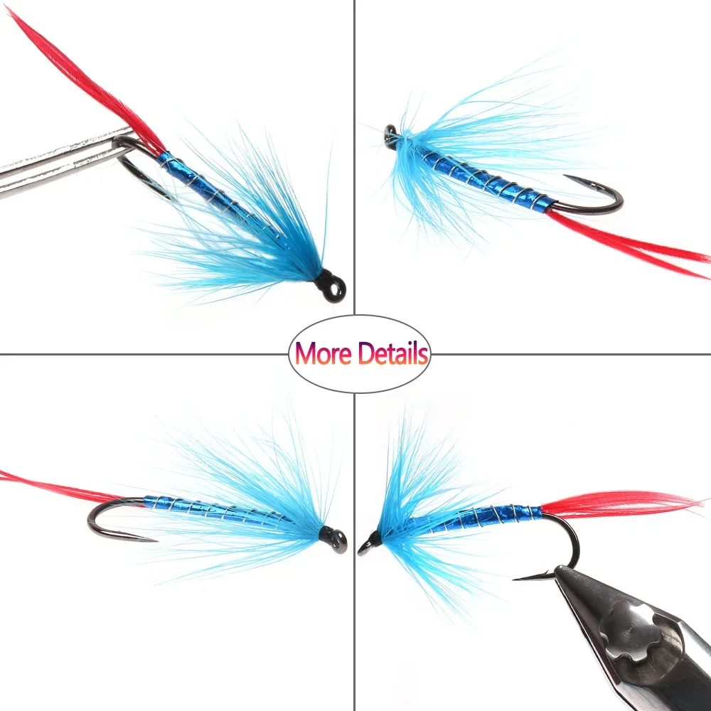 Bimoo 5 unids/caja 4 #   Señuelos de pesca con mosca húmeda para adultos, señuelos de pesca con diseño de gallo, Hackle, realista, May Fly, ninfa, trucha, azul y rojo - imagen 4