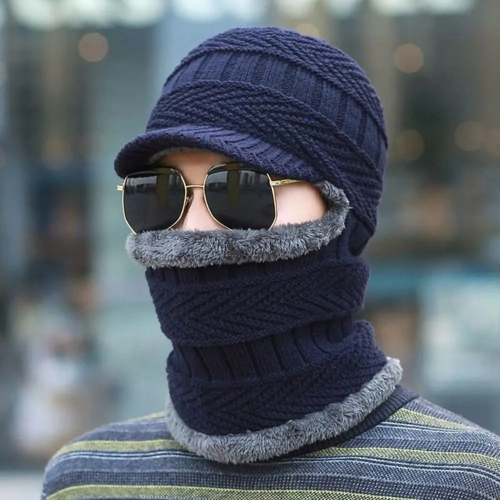 Nuevo Gorros de lana de hilo para hombre, gorros cálidos con anillo, bufanda con ala, gorros de invierno gruesos a prueba de viento, pasamontañas para ciclismo