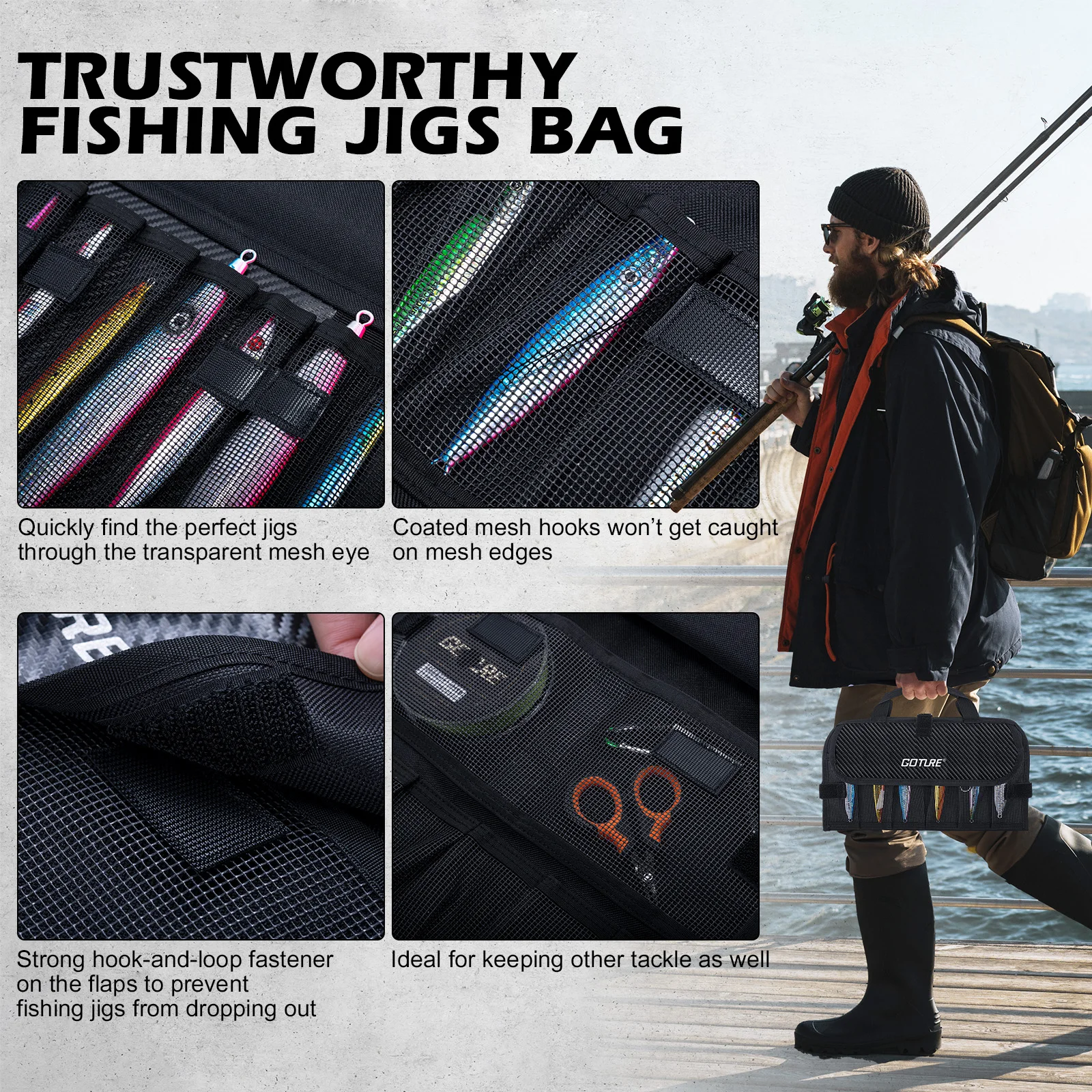Goture-bolsa para señuelos de pesca, bolsillos de malla, resistente al agua, PU 600D, bolsa para señuelos de pesca, agua salada, agua dulce, compartimento desmontable - imagen 5