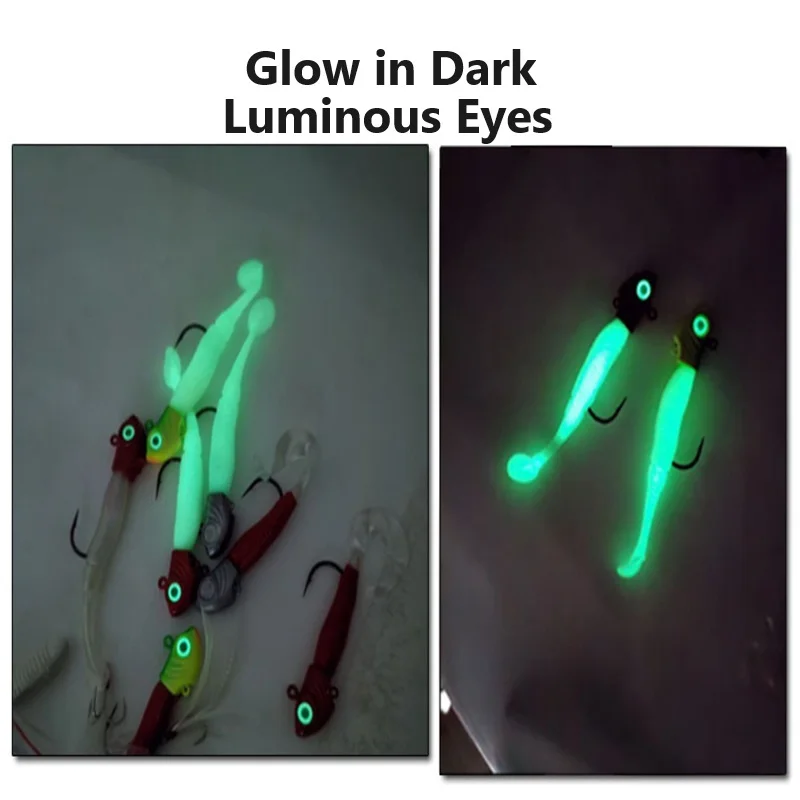 Anzuelo de cabeza plomada para pesca, anzuelo de gusano para lubina, Swimbait, señuelos de plástico blando, ojos luminosos para agua salada, 3 piezas, 3,5g-15g - imagen 2
