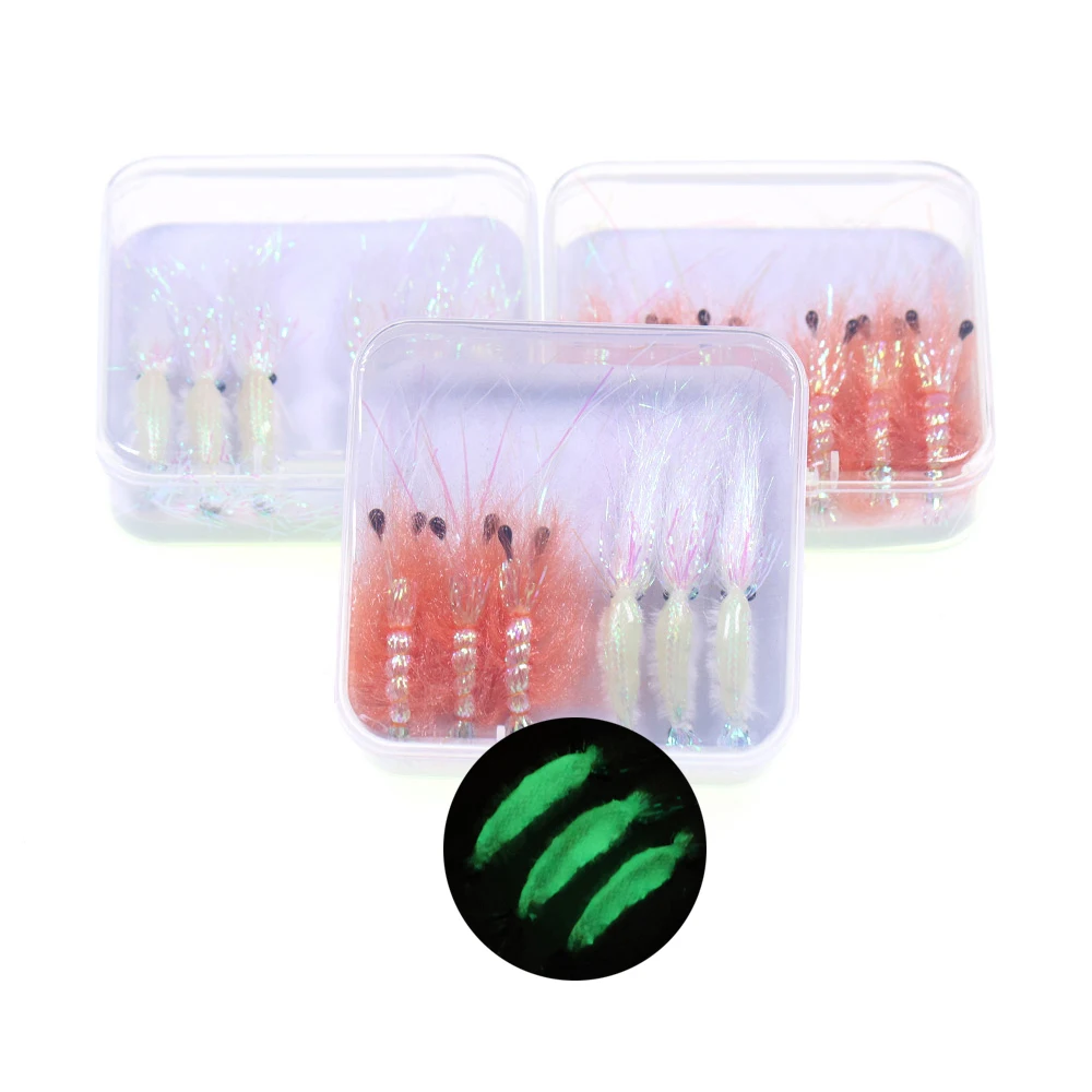 6 unids/caja Flash respaldo naranja camarón mosca/blanco perla ala de hielo luminoso camarón pesca en agua salada mosca trucha lubina señuelo cebo