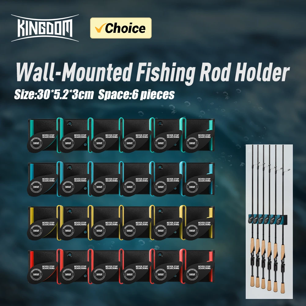 Estante de exhibición de caña Kingdom, soporte de pared para caña de pescar con 6 agujeros, marco fijo de pantalla Vertical Simple para almacenamiento de caña