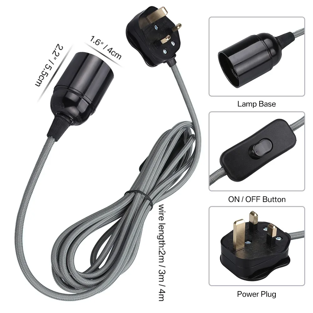Soporte de Base de lámpara Cable de alimentación 3/4M E27 Reino Unido colgante accesorio de iluminación LED bombillas adaptador de Cable de enchufe con interruptor 220V - imagen 5