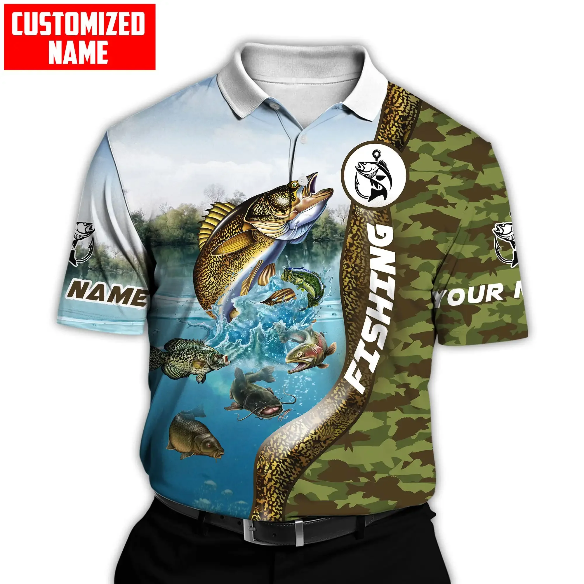 PLstar Cosmos nombre personalizado Walleye Fishing 3D completamente estampado Polos de hombre Casual solapa camisa de manga corta PLP03
