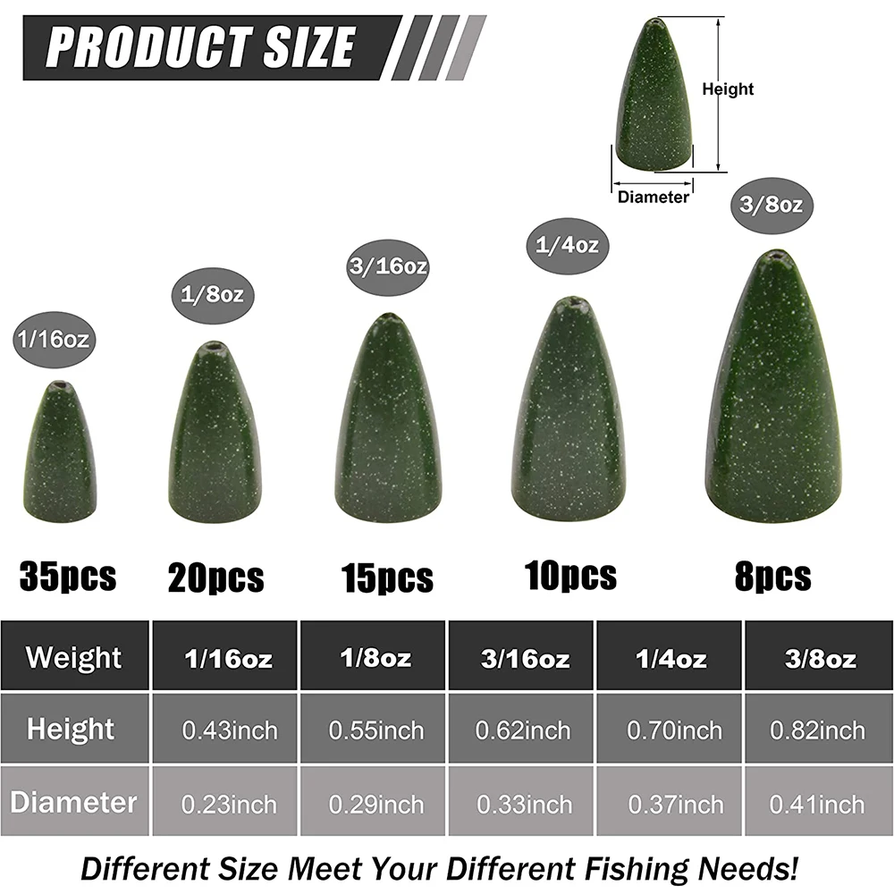 Kit de pesas de gusano para pesca, plomos de plomo, Bullet, accesorios de señuelo, Texas Rig Bass, 88 unids/lote por caja - imagen 2
