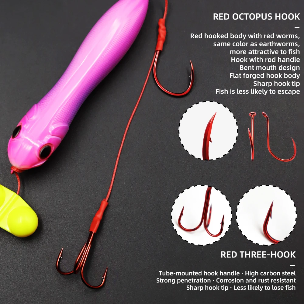ZYZ 1 pieza de aparejos de bagre con gancho en J individual rojo y anzuelos triples, señuelo flotante, aparejos de cebo vivo, Ideal para anzuelos de cuerda de bagre de agua dulce - imagen 5