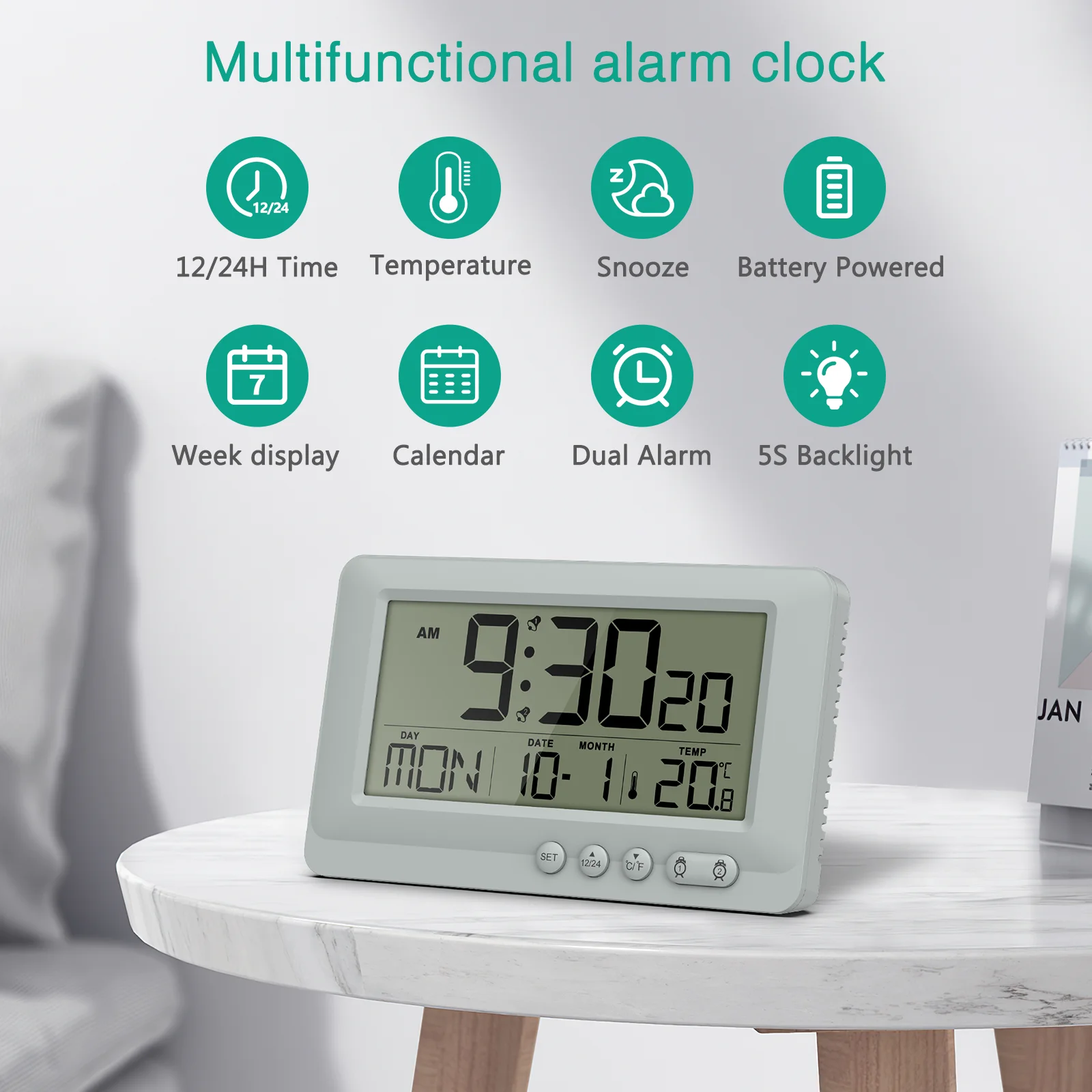 Reloj Despertador Digital ORIA – Portátil con LCD y Alarmas Duales - imagen 5