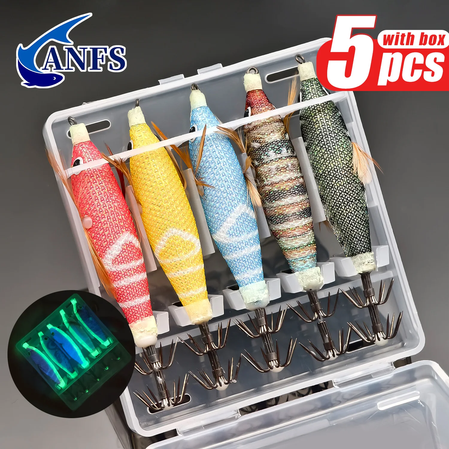 ANFS Señuelos horizontales para camarones, plantilla de calamar, señuelos de gambas para pesca de pulpo y sepia, 5 uds. Con caja de almacenamiento