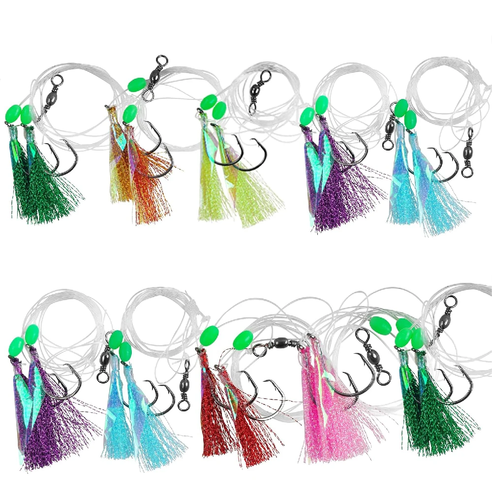 10 paquetes de aparejos de cebo de pesca, anzuelos de agua salada, señuelos intermitentes, aparejos de pesca con mono líder para lubina, aparejos de pesca con fondo de halibut