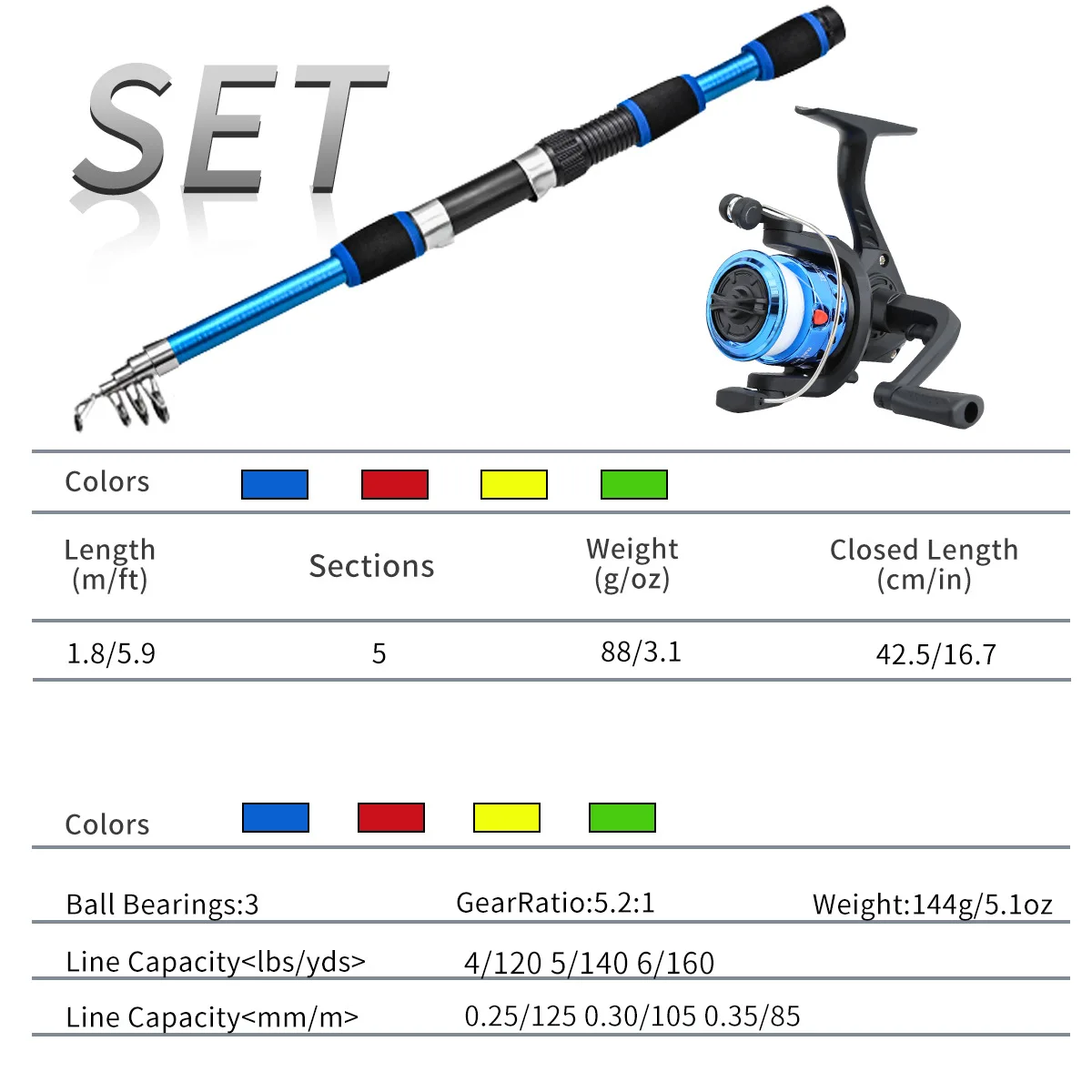 Juego de cañas de pescar, kits combinados de cañas de pescar y carretes giratorios, cebos de caña giratoria telescópica de 1,8 M, juego de señuelos, anzuelos de equipo de pesca de viaje - imagen 2