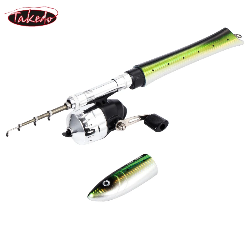 TAKEDO 1M 1,4 M 1,6 M Kit de caña de pescar telescópica portátil con forma de pez y carrete, cañas de viaje, carrete de pesca en hielo, Mini caña de pescar con mosca