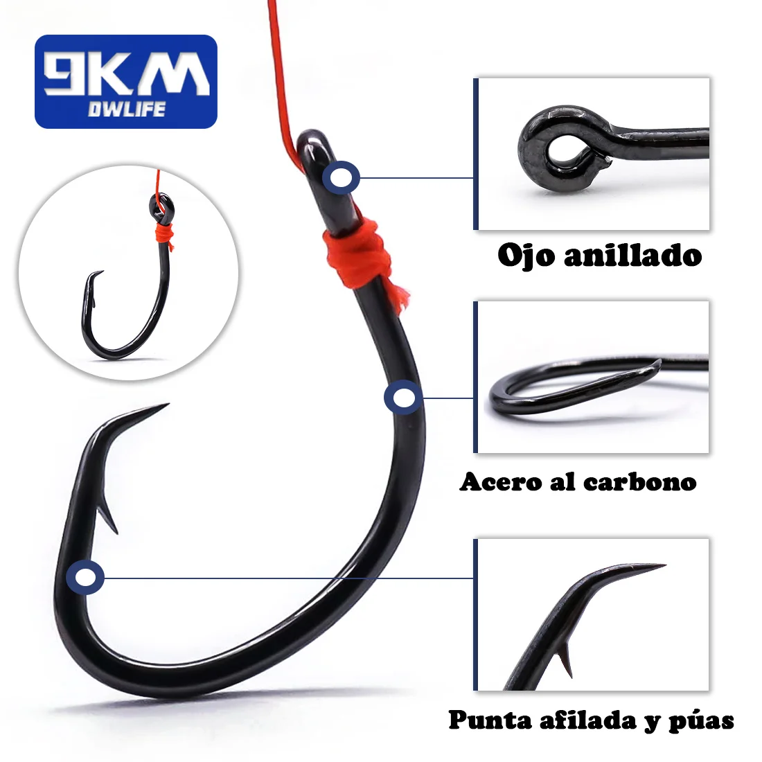 Anzuelos circulares de 9KM, 25 ~ 50 Uds., anzuelos de pesca de agua salada compensados, 3X fuerte y amplio espacio, cebo vivo, pesca de bagre, anzuelos circulares con garra de águila - imagen 3