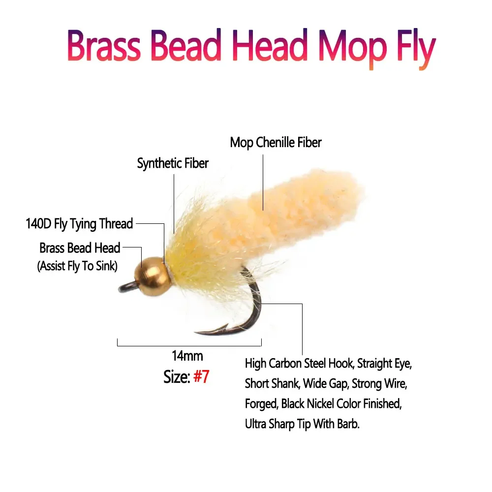Bimoo 6PCS # 7 cabeza de cuentas de latón fregona mosca grúa Artificial mosca Caddis Larva mosca de ninfa húmeda para trucha Grayling Señuelos de pesca cebos - imagen 2