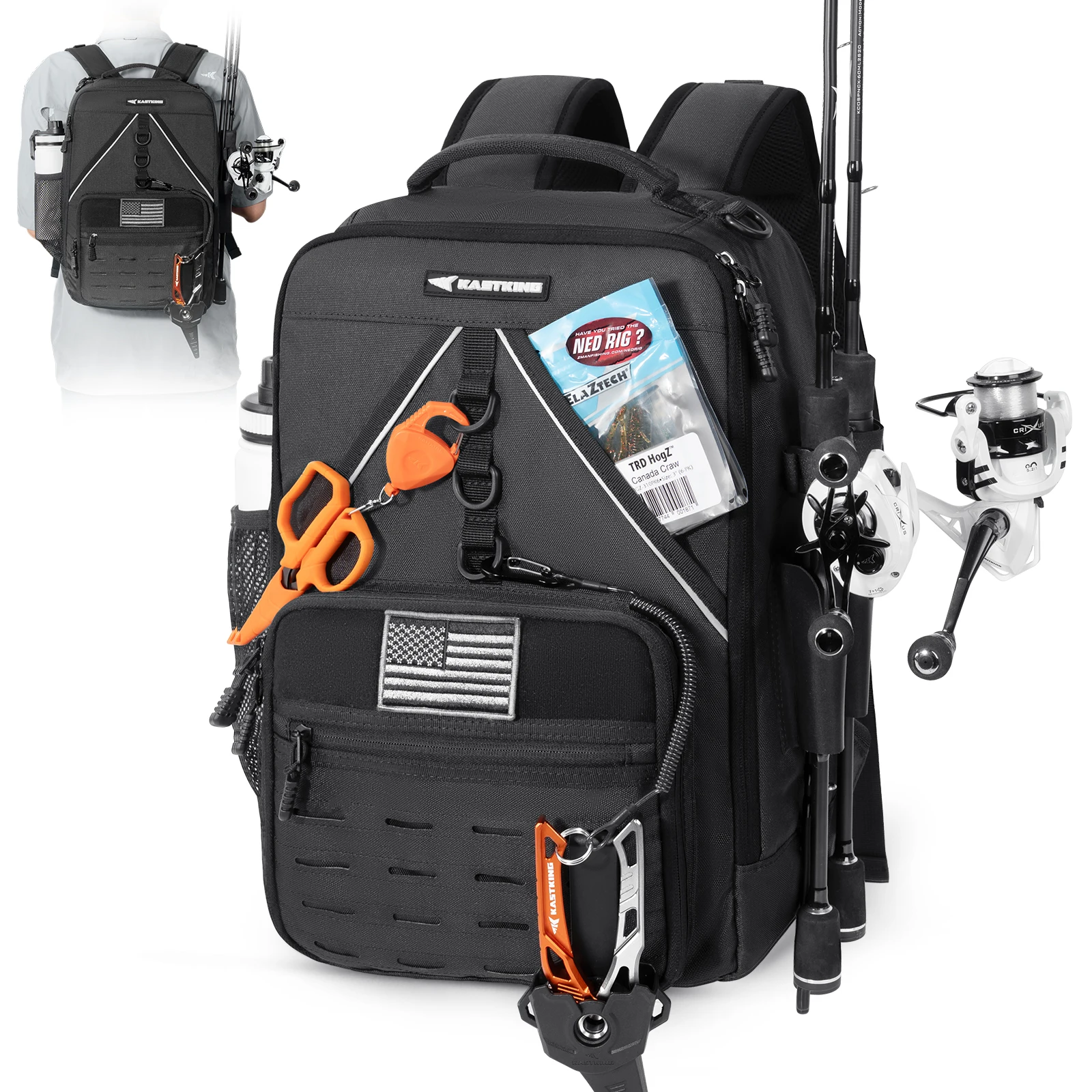Mochila para aparejos de pesca KastKing KarryAll KastMate, bolsa para aparejos resistente al agua con 2 soportes para caña, equipo y equipo de pesca con