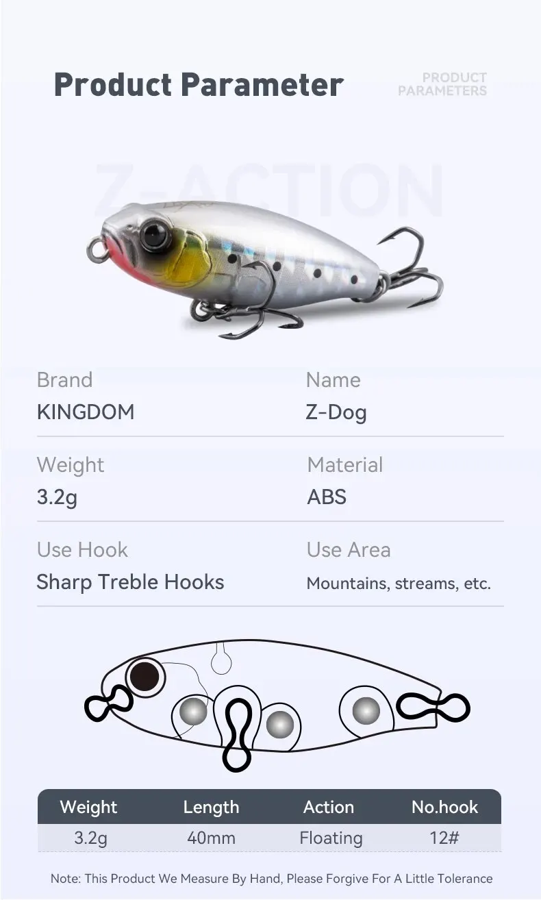 Reino Z-Dog Un señuelo de pesca versátil diseñado para su uso en varios entornos, como montañas, arroyos y más, con ganchos agudos afilados para un rendimiento óptimo