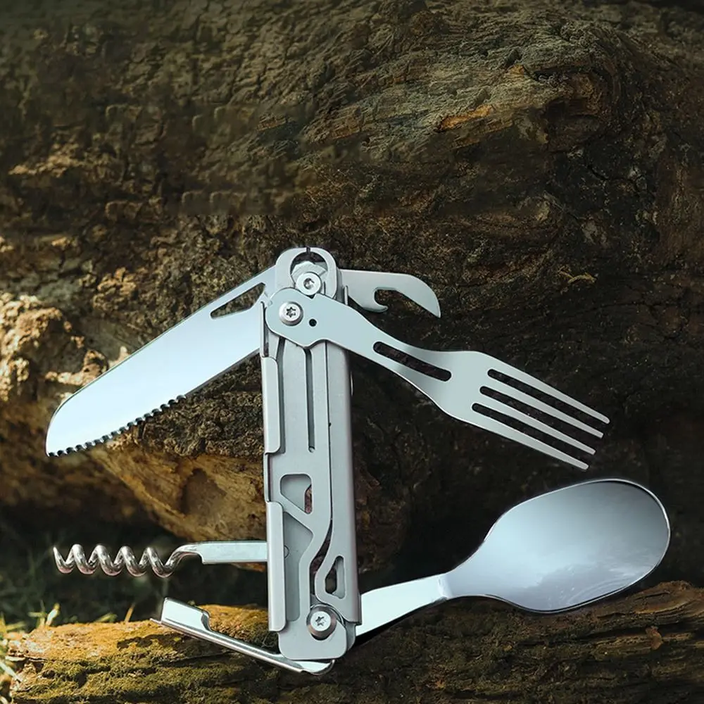 Fiambrera portátil multifuncional de acero inoxidable, utensilios para acampar, cuchara, tenedor, cubiertos, juego de vajilla - imagen 4