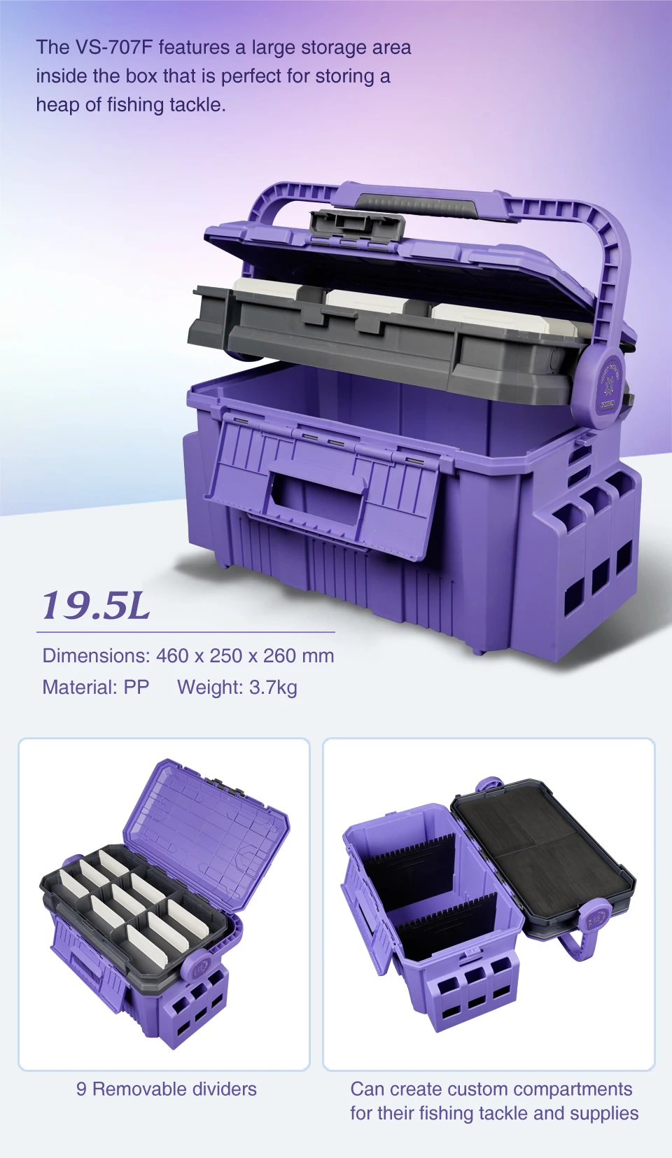 El VP-707F es una solución de almacenamiento versátil para organizar equipos de pesca con su gran área de almacenamiento y compartimentos personalizables