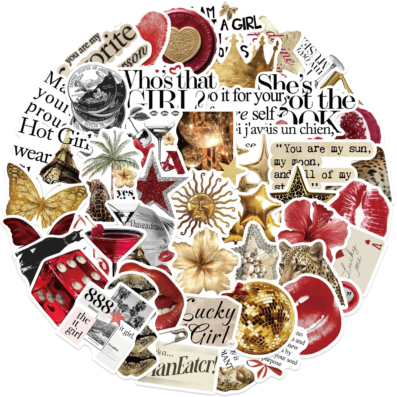 50 Uds. De pegatinas estéticas Retro rojas doradas, bricolaje, teléfono, guitarra, portátil, maleta, botella de agua, pegatinas impermeables, juguetes - imagen 3