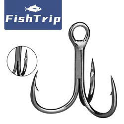 FishTrip anzuelos triples fuertes, color negro, 25 ~ 50 Uds., ganchos triples de acero rico en carbono para agua salada, gancho de repuesto