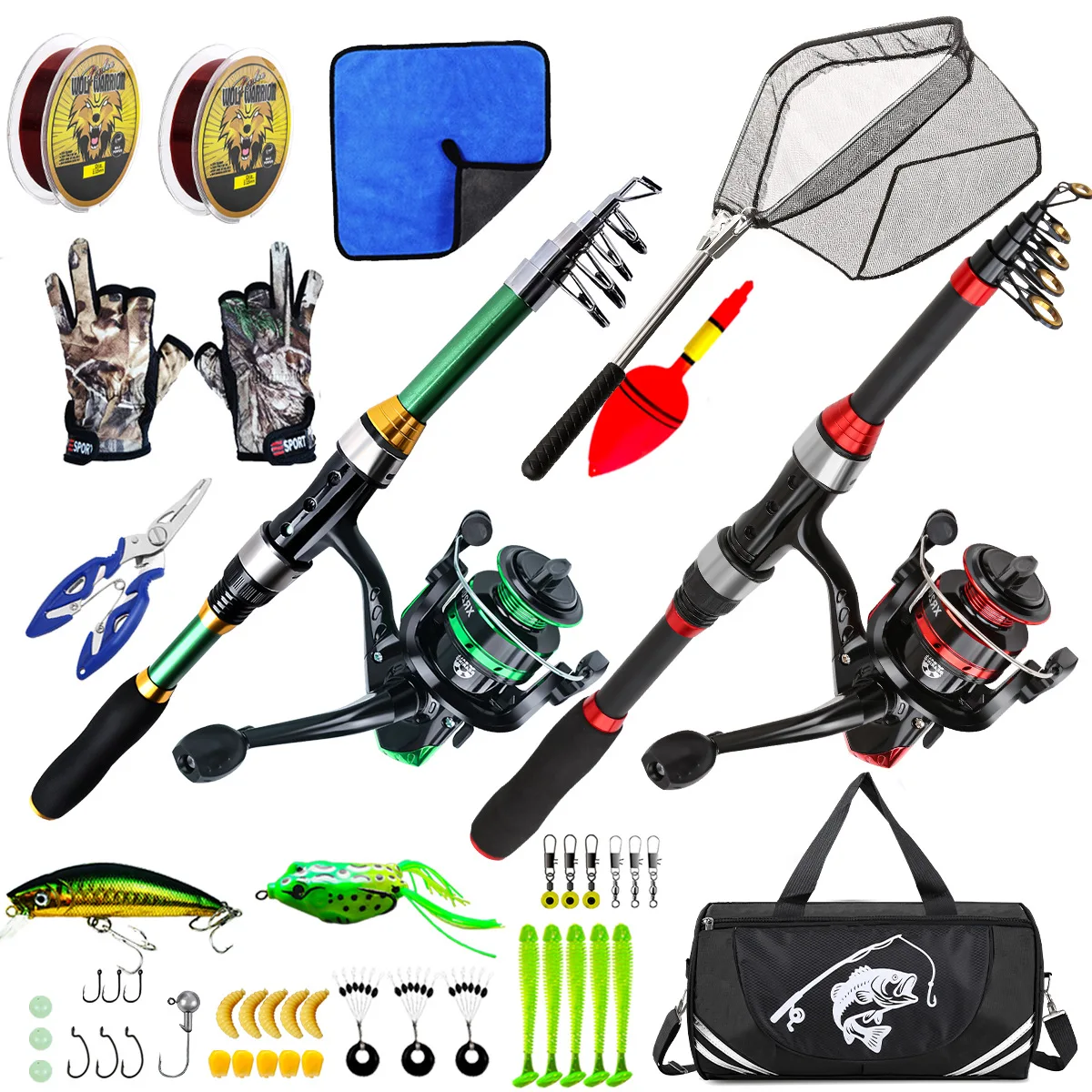 Kit de pesca completo con dos cañas y accesorios
