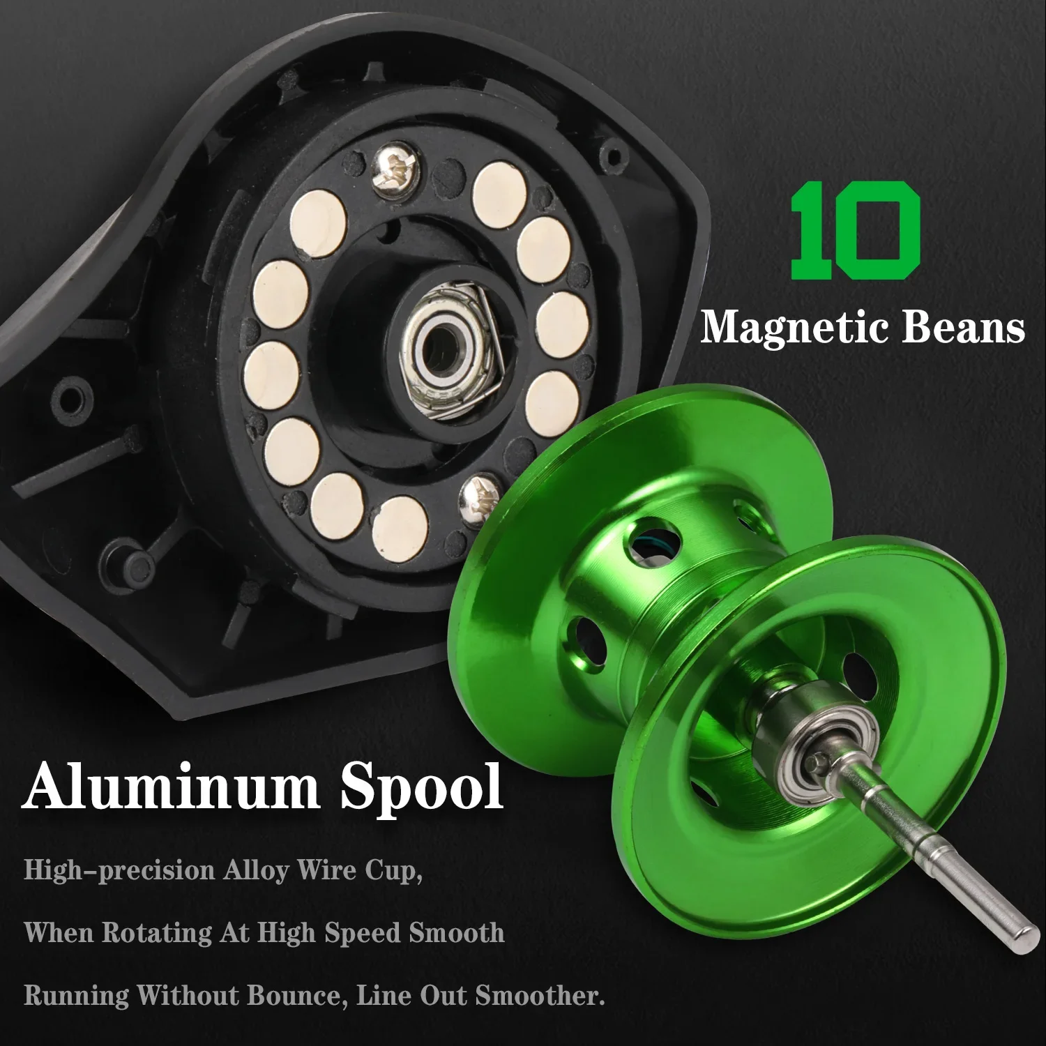 Experimente la pesca sin costura con nuestro carrete de aluminio de alta precisión y 10 frijoles magnéticos