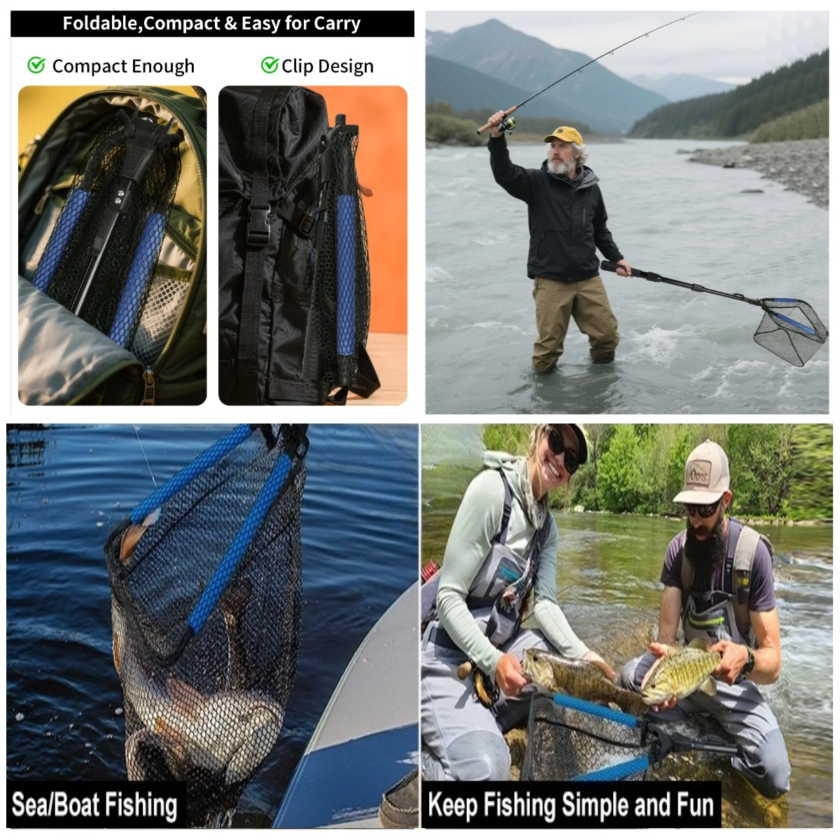 Red de pesca telescópica con revestimiento de goma de espuma azul, plegable, red de aterrizaje para peces para agua salada y agua dulce - imagen 5