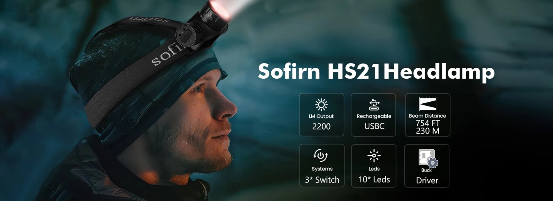 Vista frontal de la linterna Sofirn HS21 mostrando los tres tipos de LED