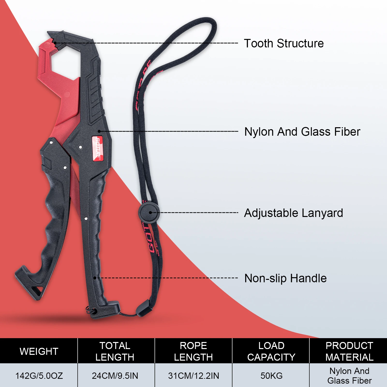 Esta herramienta duradera presenta un cordón ajustable que no es deslizante y una construcción robusta de fibra de nylon y vidrio para un agarre seguro y un rendimiento de larga duración