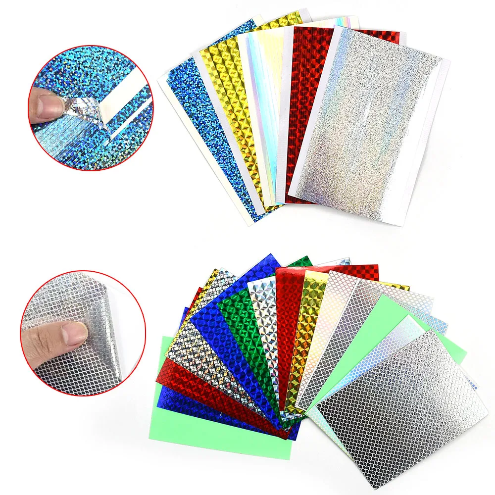 Pegatinas de cinta de señuelo de pesca, 10 Uds. De escamas de pescado reflectantes, señuelos, pegatina de cebo, película adhesiva holográfica, cinta de señuelo Flash para bricolaje - imagen 3