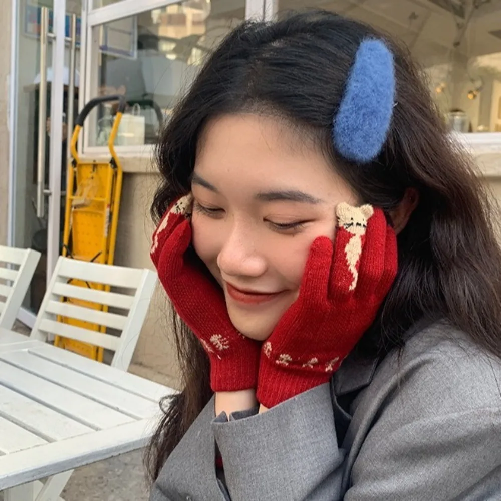 Nuevos guantes de invierno de gatos de dibujos animados, guantes cálidos y gruesos de punto, guantes de dedo completo a prueba de viento para pantalla táctil, Otoño Invierno - imagen 2