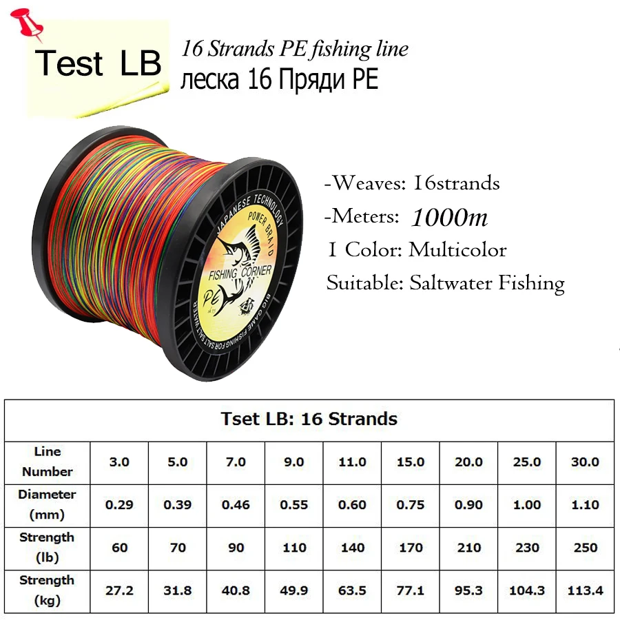 Línea de pesca trenzada, 1000m, 16 hebras, trenza de PE, Multicolor, superpotencia, línea multifilamento japonesa para pesca en agua salada, gran juego - imagen 3