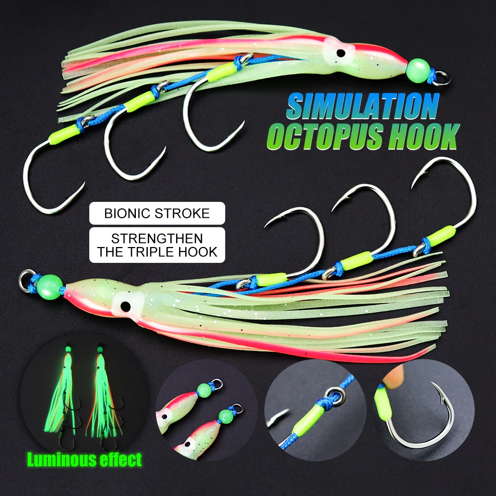 Anzuelos de pesca de mar, 2 unids/bolsa, anzuelos con pulpo luminoso, cebo suave, atún de agua salada, lubina a rayas, anzuelo Sabiki - imagen 2