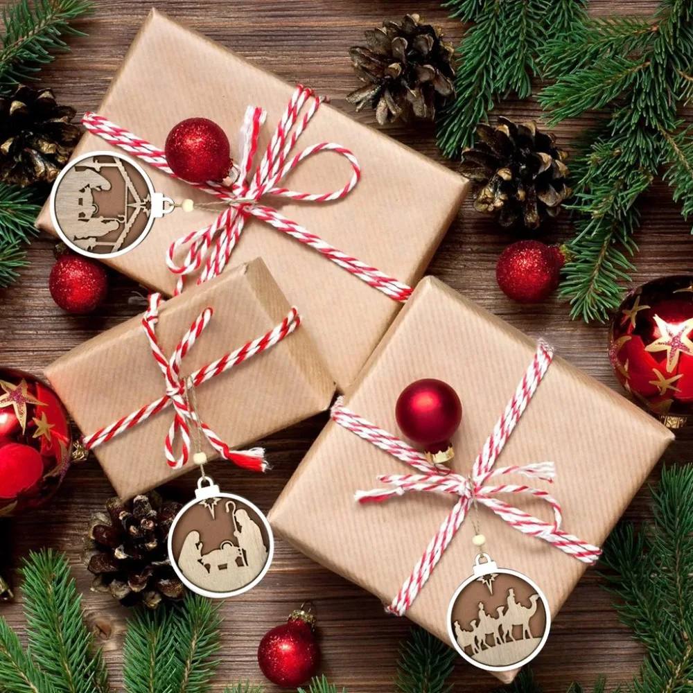 Woodiness colgante de Navidad ahuecado, colgante estereoscópico multicapa, colgante tallado en madera Circular, joyería - imagen 3