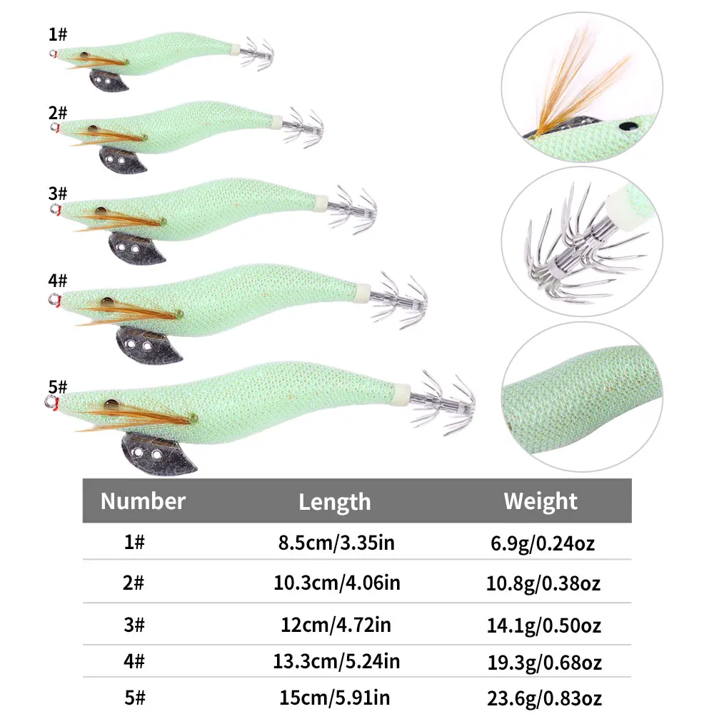 Señuelo de pesca luminoso, plantillas de calamar, camarones de madera con brillo blanco y pulpo, anzuelos de calamar, sepia, 1 Uds. - imagen 4