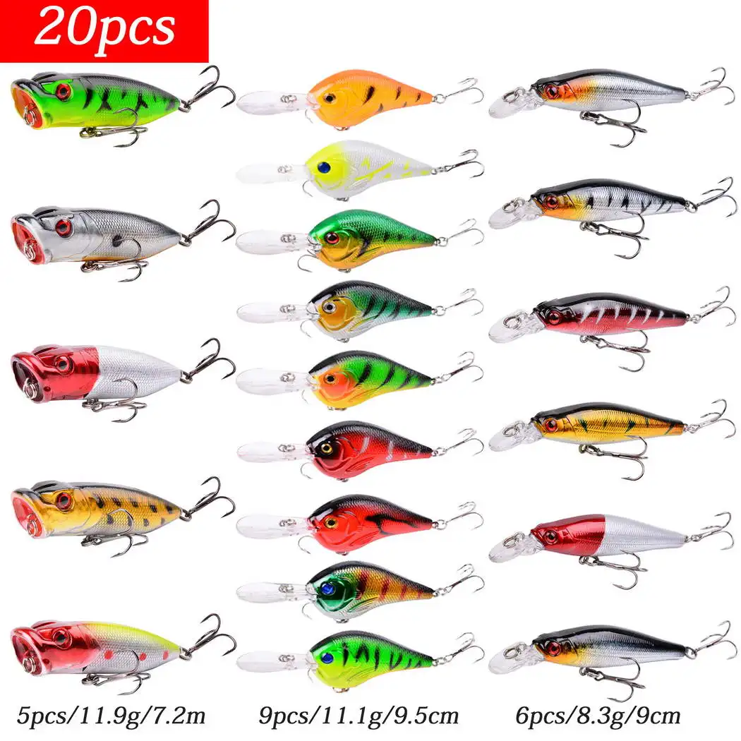 Kit de Señuelos de Pesca de 20 piezas, juego de Señuelos de Pesca Wobbler, cebo Artificial para pececillos, cebos duros biónicos con manivela Popper Vib - imagen 4