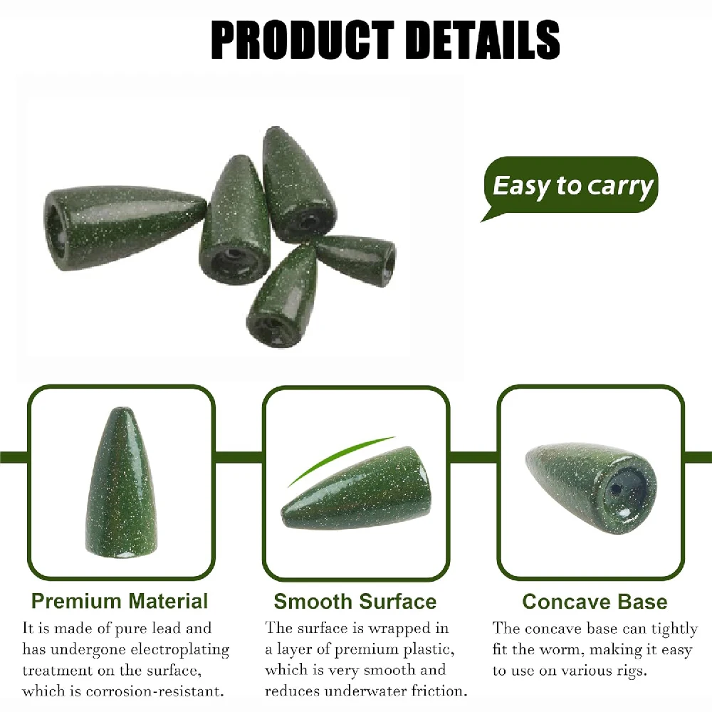20 piezas bala pesca gusano deslizamiento plomos pesas de pesca Texas Rig y Carolina Rig pesas para lubina señuelo de fundición aparejos de pesca - imagen 3