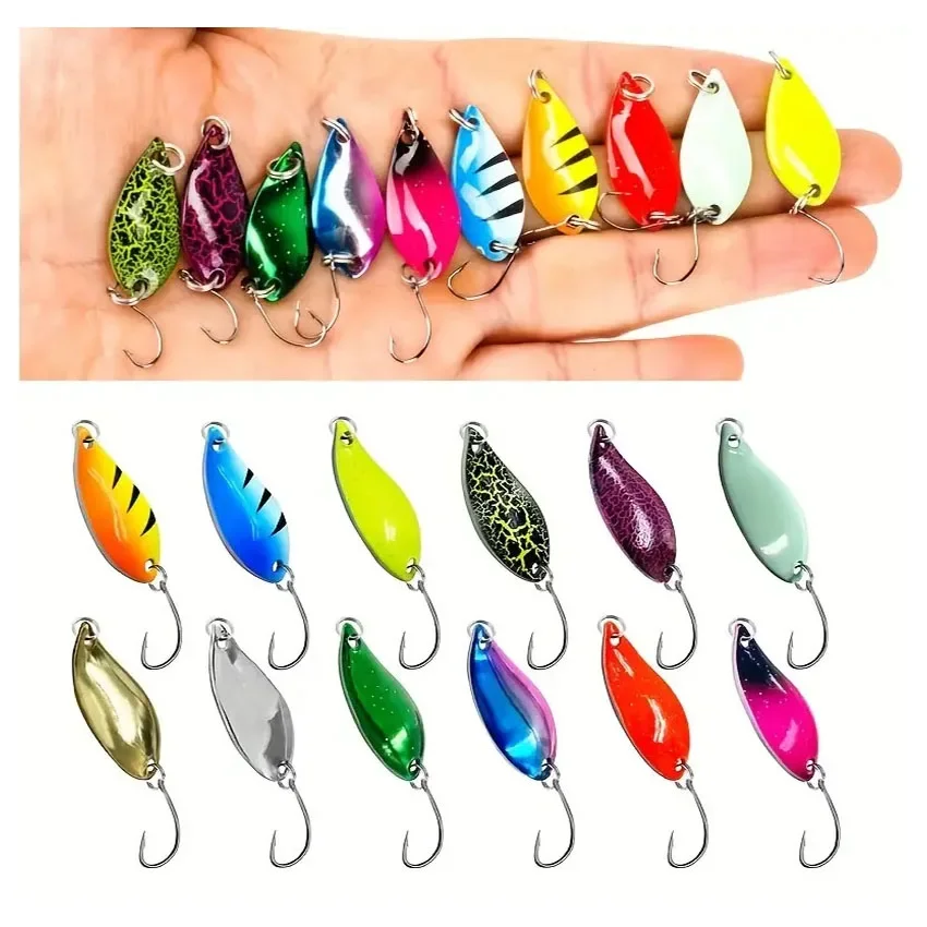12 Uds por caja 2,5g 3,5g 5g cebos de cuchara coloridos cucharas Spinner señuelo de pesca señuelos de cuchara dura de Metal para trucha dorada - imagen 5
