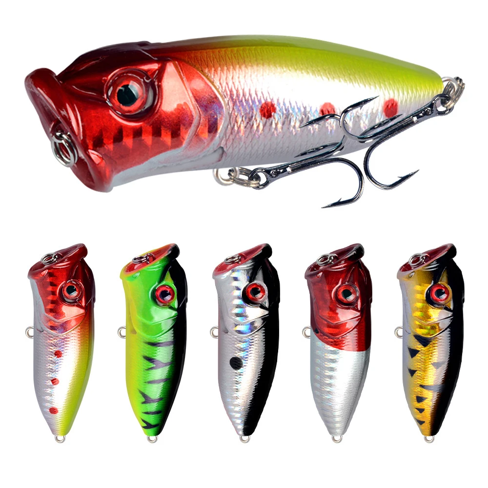 Wobblers flotantes de 1 piezas, Señuelos de Pesca de 6,5 cm, Popper, 12g, cebos duros con 2 anzuelos triples para pesca en agua dulce