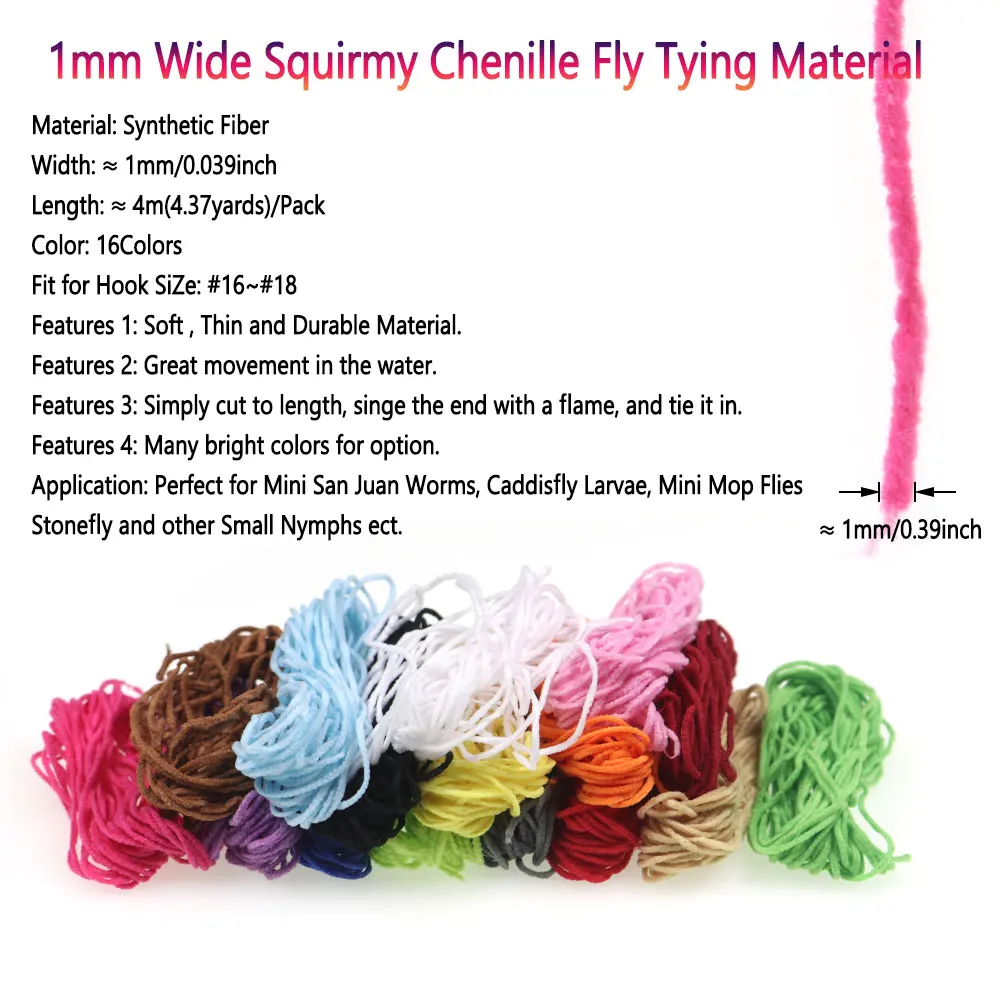Bimoo, 2 paquetes = 8M, 1mm de ancho, Material de atado de moscas de chenilla Squirmy para gusanos Squirmy, Caddisfly Stonefly, fregona, moscas, señuelo de pesca de trucha - imagen 3