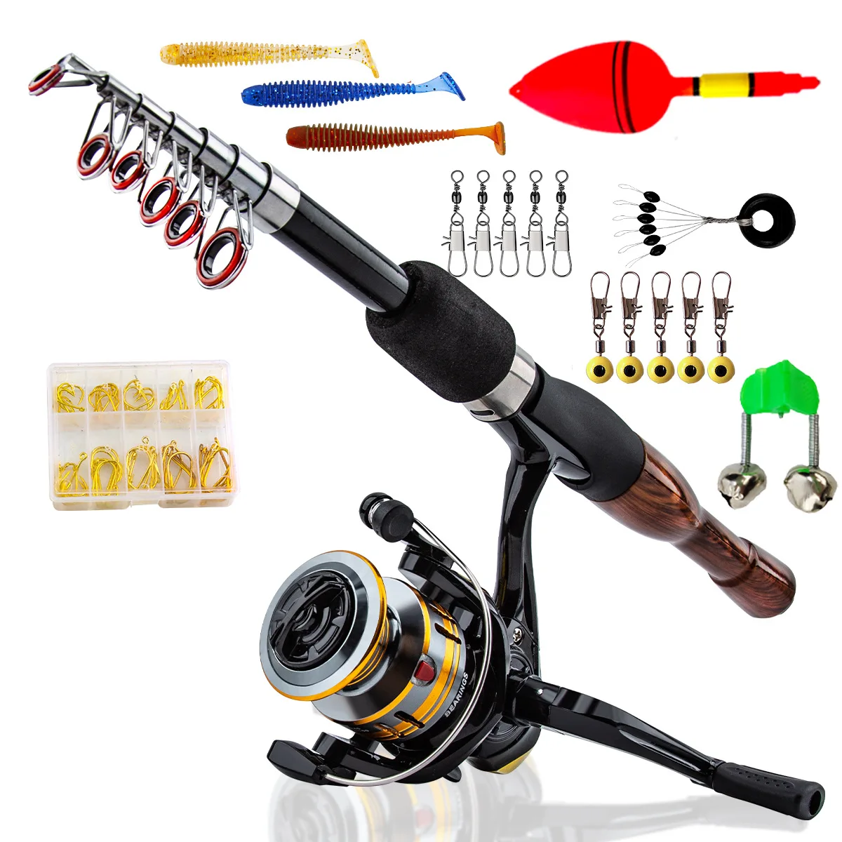 Kit caña y carrete spinning fibra carbono retráctil para pesca en mar