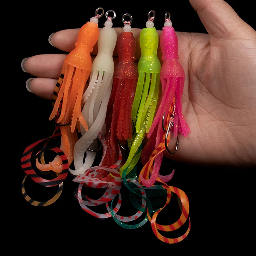 Elllv 5 uds falda de calamar suave luminosa con anzuelo de asistencia Pesca de agua salada pargo Kabura Pesca Wobbler señuelo de Pesca Jigging - imagen 5