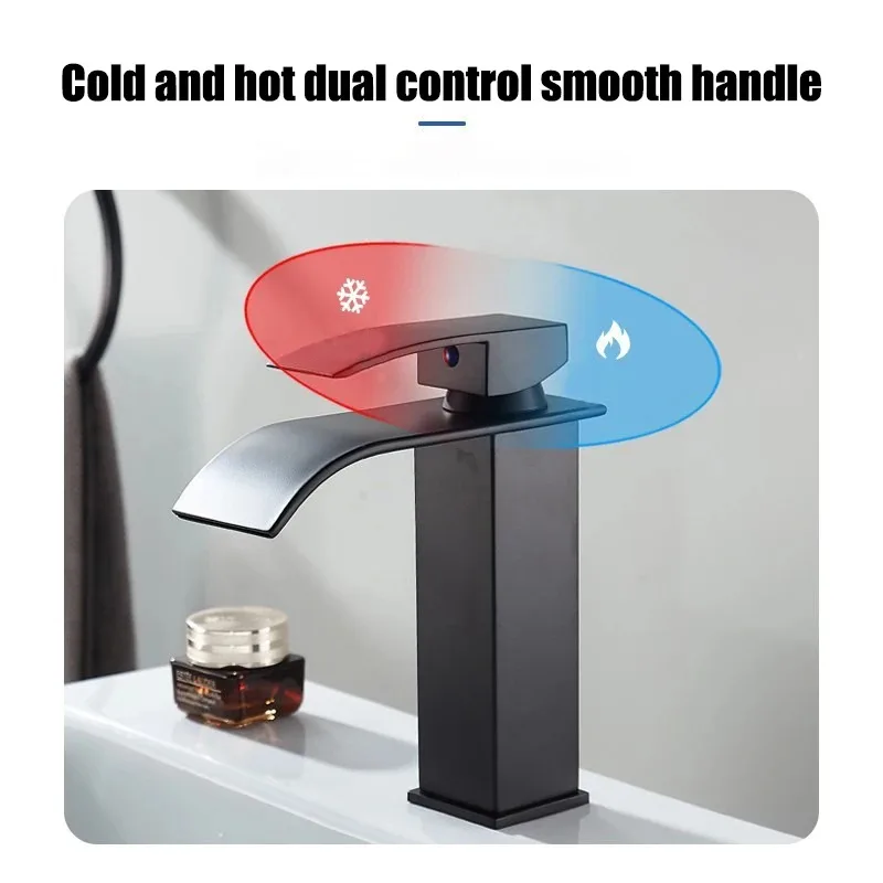 Grifo de lavabo de Estilo Cascada, negro, caliente y frío, todo de cobre, para baño, cocina, uso doméstico - imagen 3