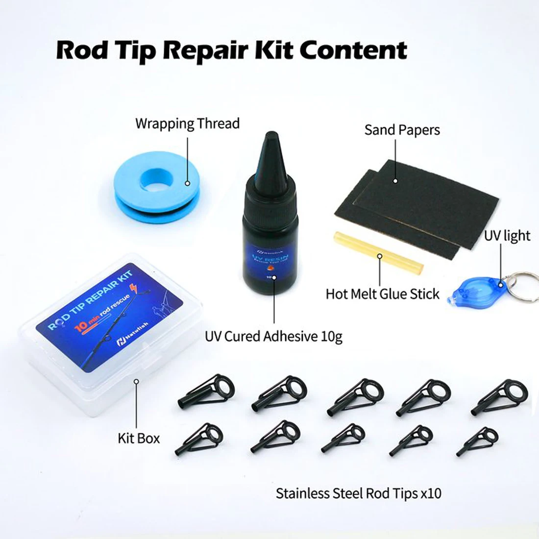 Kit de reparación de puntas de caña de pescar, Kit de reemplazo de guías superiores, anillo de cerámica con cinta de hilo de envoltura de pegamento AB, 9KM, 10 Uds. - imagen 4