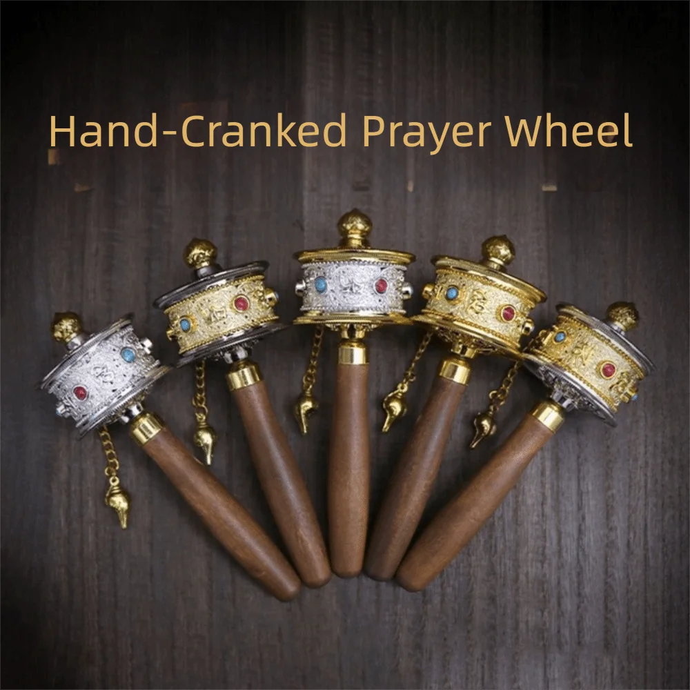 Rueda de oración de giro colorida, mango de madera, aleación de Metal, manivela manual, rueda de oración tallada, artesanía exquisita de cristal - imagen 2