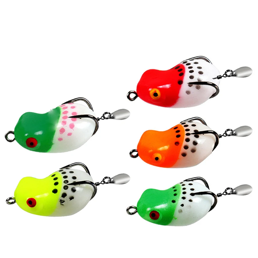 5 unids/caja conjunto de Señuelos de Pesca flotantes de superficie Mini rana trueno con lentejuelas ganchos dobles Swimbait para perca pez negro lubina bagre - imagen 3